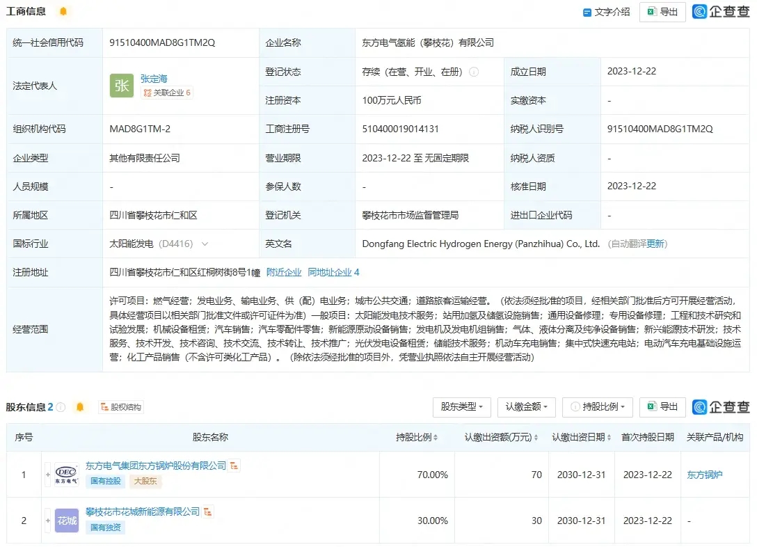 東方電氣、攀枝花投資成立氫能公司 (圖1)