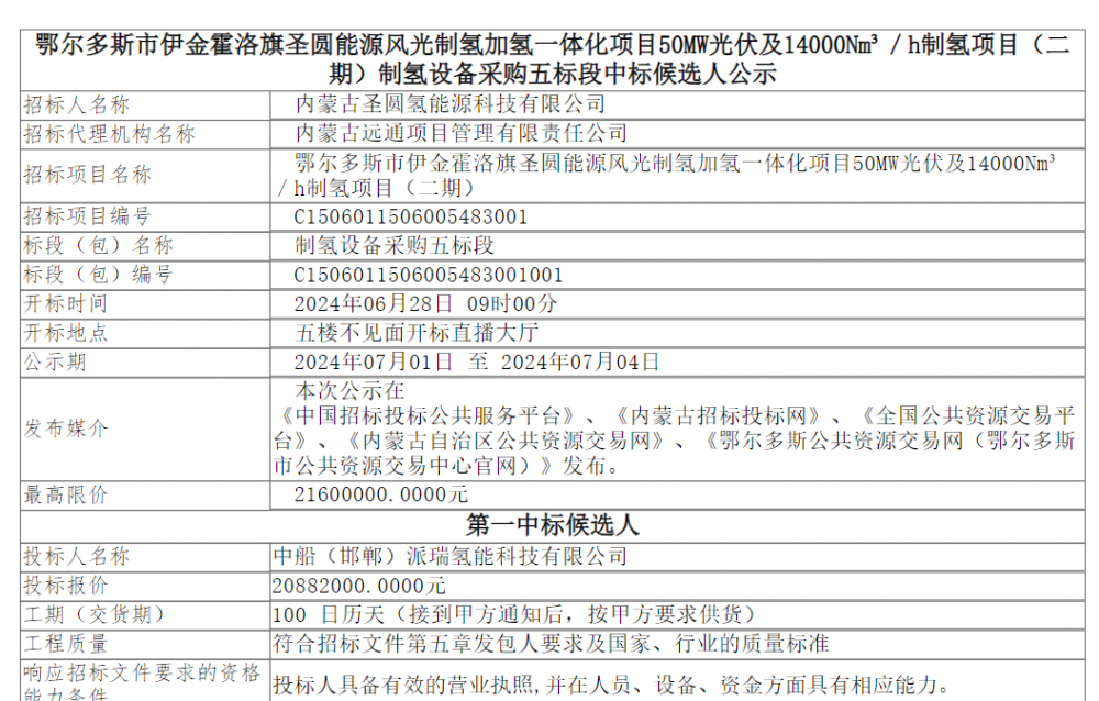 中標 | 伊金霍洛旗圣圓能源風(fēng)光制氫加氫一體化項目制氫設備采購預中標公示(圖1)