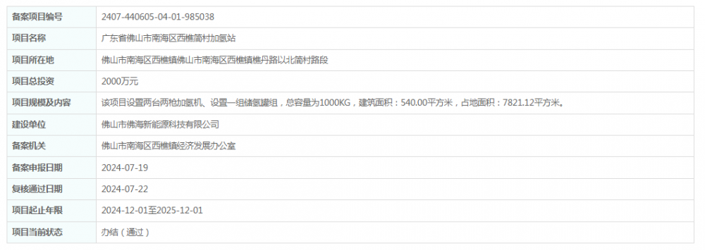 廣東省佛山市南海區西樵簡(jiǎn)村加氫站項目獲備案(圖1)